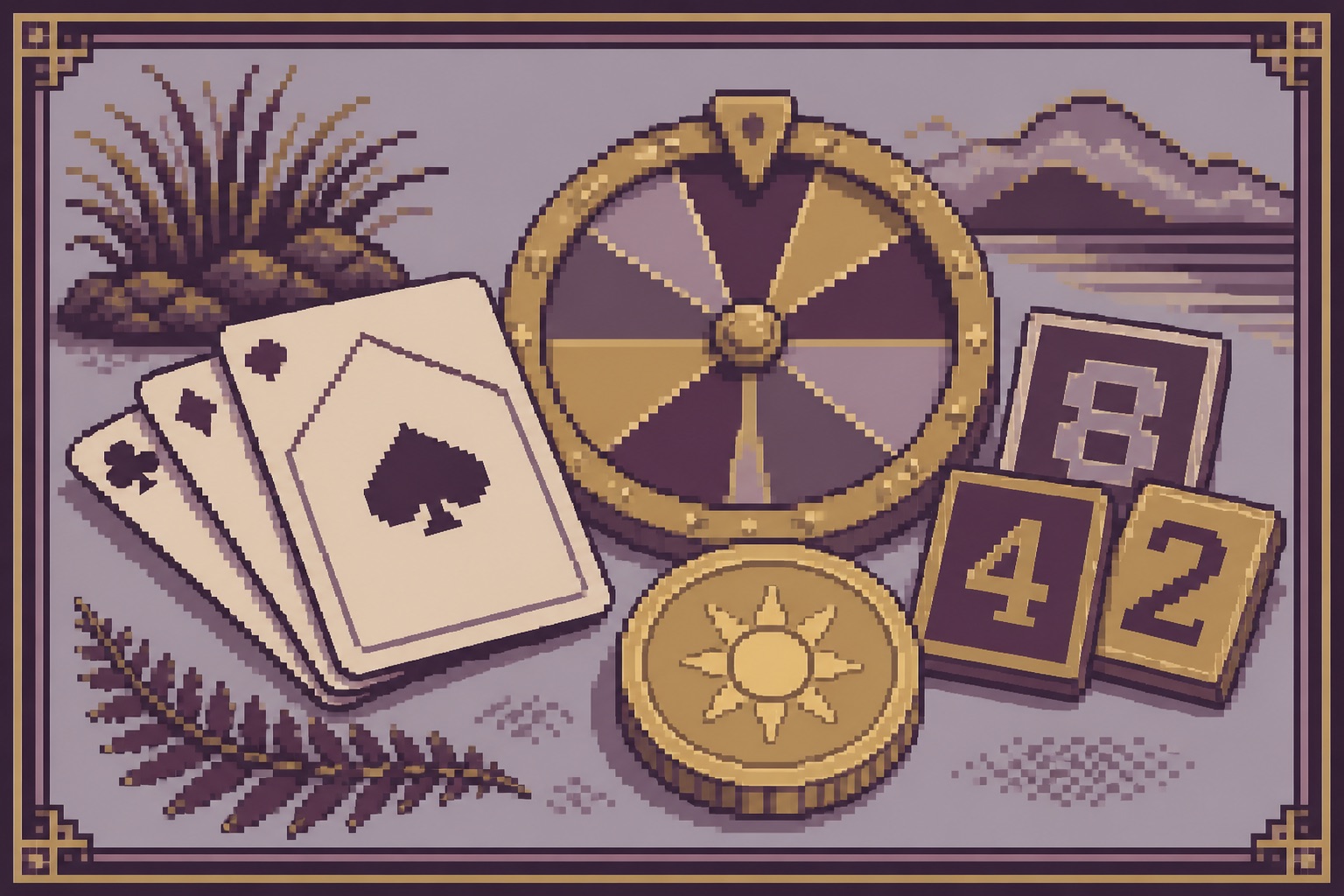Pixel-art still life of cards, number tiles, a wheel and a sun-marked virtual coin