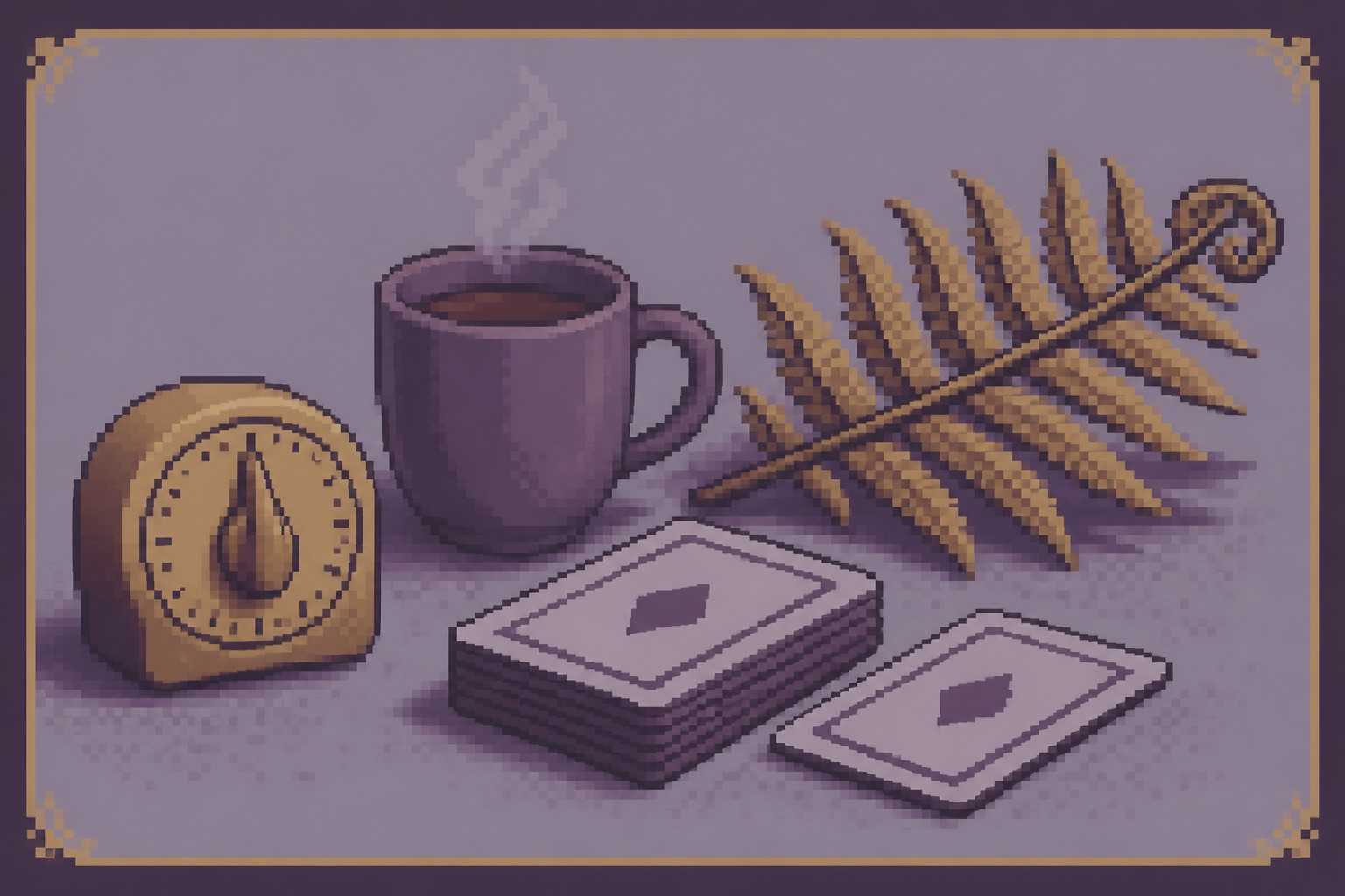 Pixel-art still life of a timer, tea, cards and a ponga frond